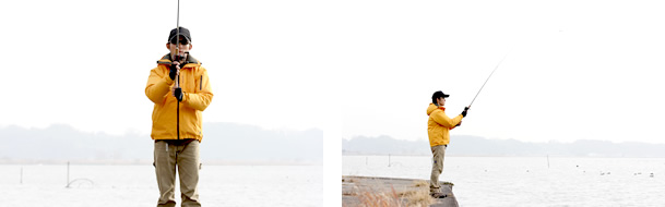 2)ロッドを背中の方へ振りかぶり