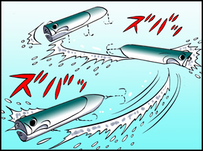 左右へ滑るように水面をアクションしたり(スライドアクション)、頭を左右に振り、水しぶきと音で誘う